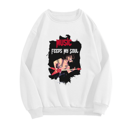 Music Feeds My Soul Crewneck Sweatshirt, Punk Rock Guitarist Graphic Pullover for Music Lovers