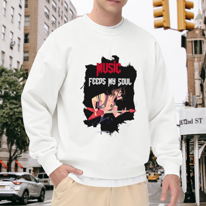 Music Feeds My Soul Crewneck Sweatshirt, Punk Rock Guitarist Graphic Pullover for Music Lovers