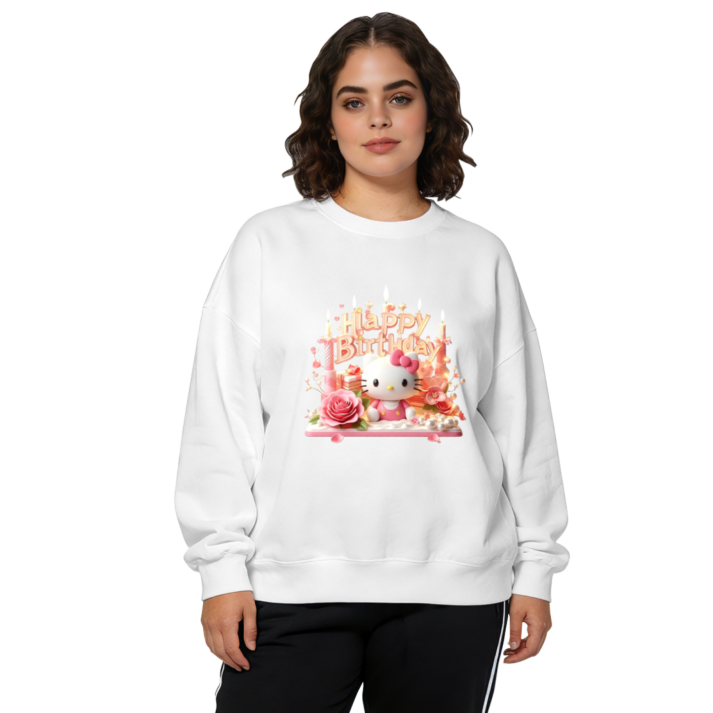 Glam Birthday Cake Hello Kitty Black Crewneck Sweatshirt