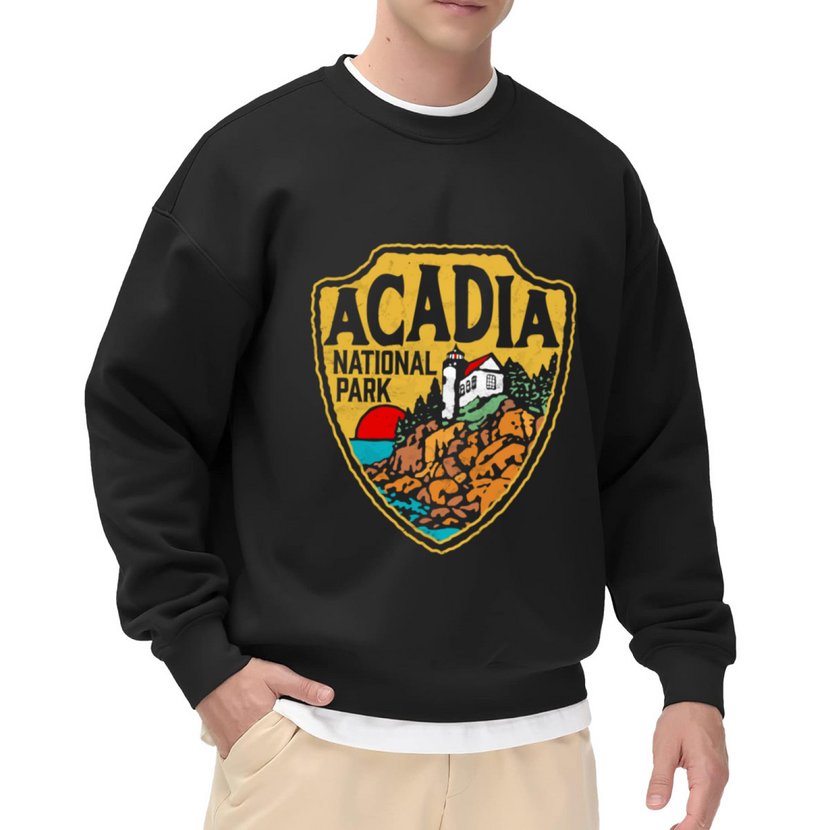 Acadia National Park Vintage Trail Badge Crewneck Sweatshirt | Retro Lighthouse Coastal Patch Pullover, National Park Gift