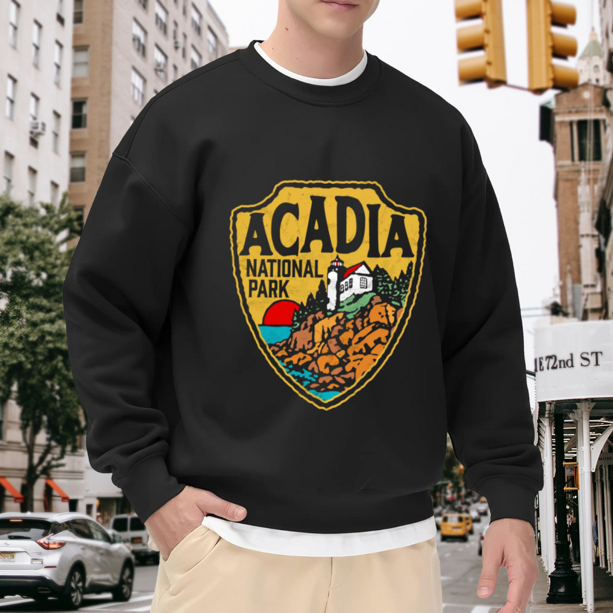Acadia National Park Vintage Trail Badge Crewneck Sweatshirt | Retro Lighthouse Coastal Patch Pullover, National Park Gift