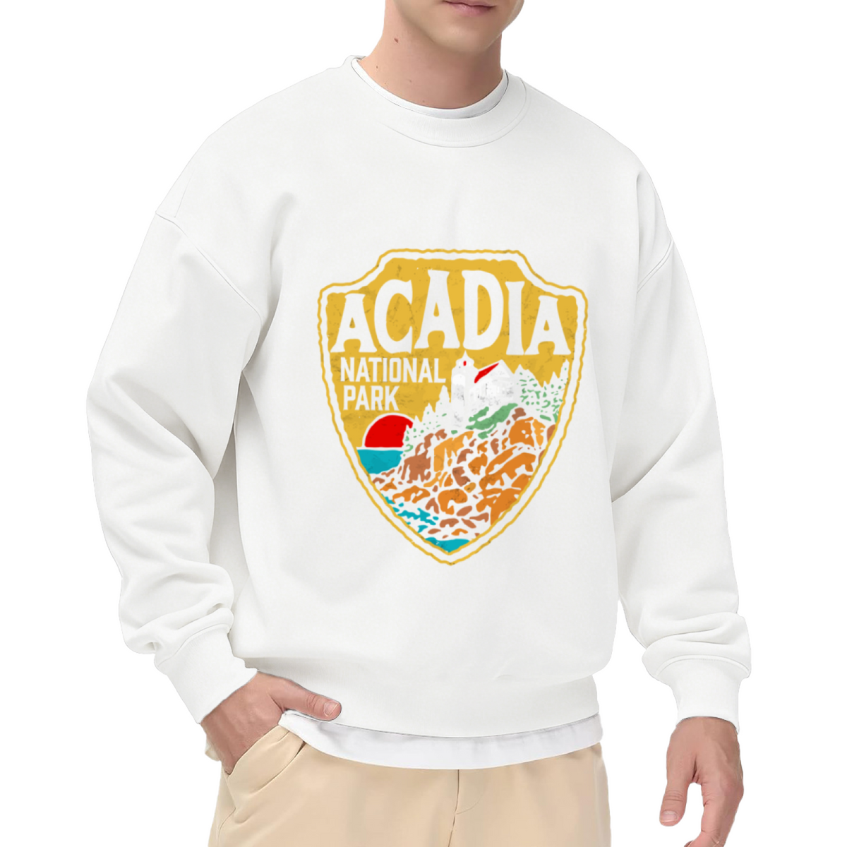Acadia National Park Vintage Trail Badge Crewneck Sweatshirt | Retro Lighthouse Coastal Patch Pullover, National Park Gift