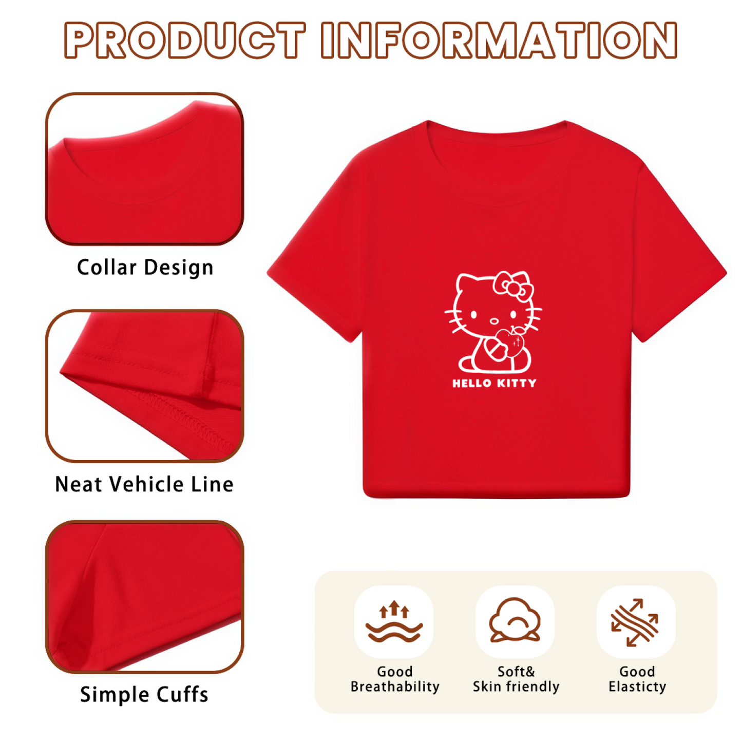 Minimal Outline Hello Kitty Red Cropped Top Cute Sanrio Y2K Crop Tee