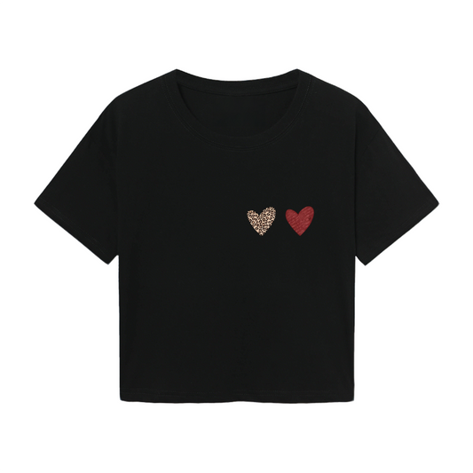 Leopard & Red Mini Hearts Minimal Black Crop Tee