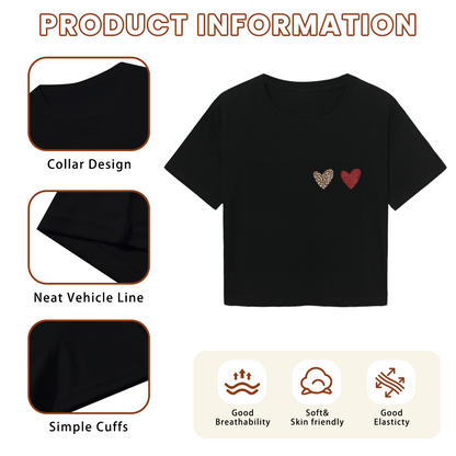 Leopard & Red Mini Hearts Minimal Black Crop Tee