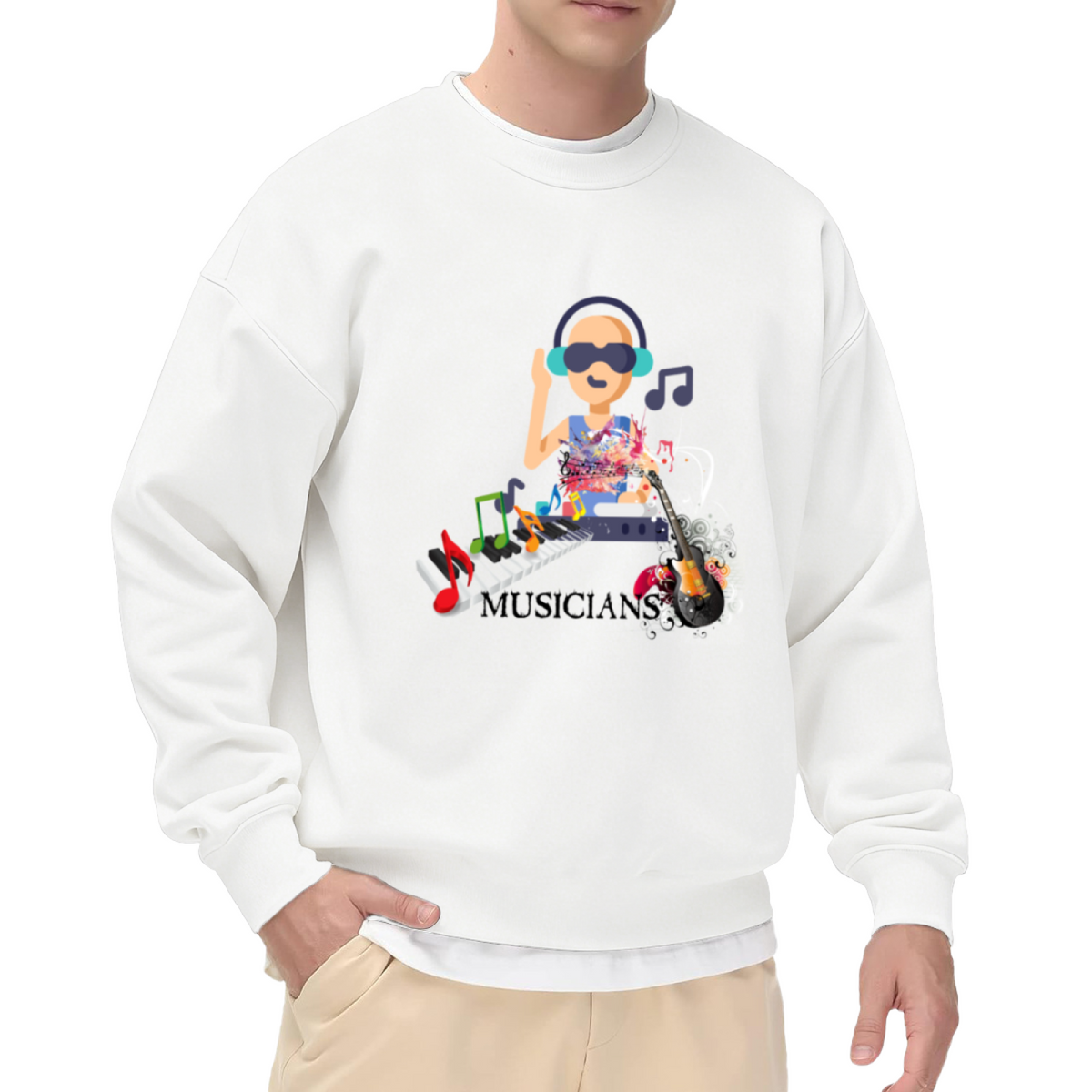 Musicians DJ Keyboard Guitar Colorful Collage Crewneck Sweatshirt | Music Lover Paint Splatter Pullover, Artist Gift