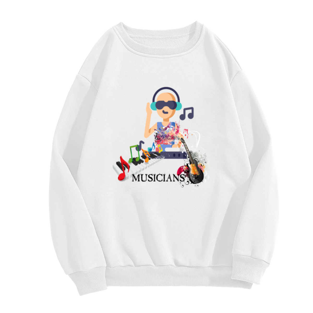 Musicians DJ Keyboard Guitar Colorful Collage Crewneck Sweatshirt | Music Lover Paint Splatter Pullover, Artist Gift