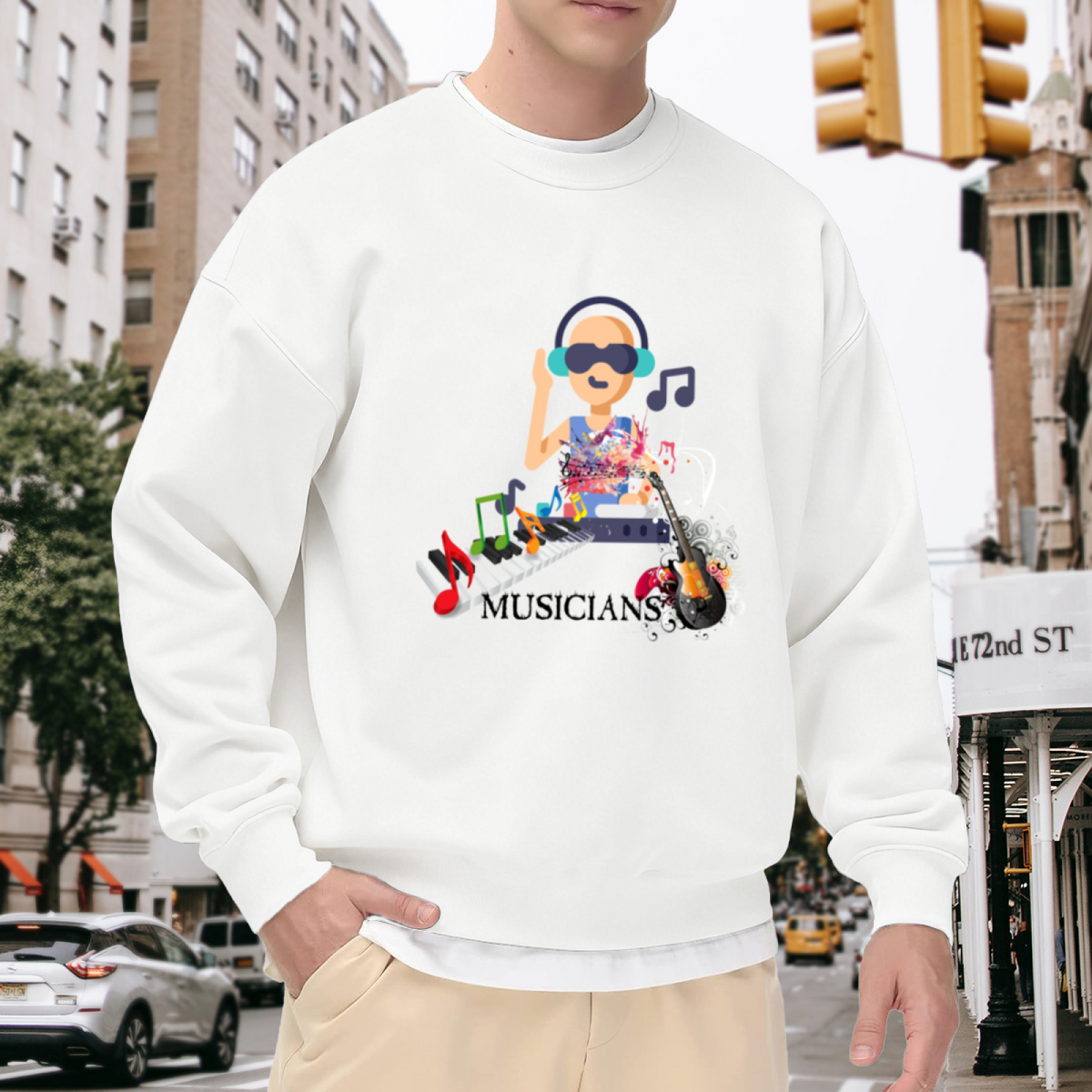Musicians DJ Keyboard Guitar Colorful Collage Crewneck Sweatshirt | Music Lover Paint Splatter Pullover, Artist Gift