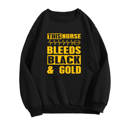 This Nurse Bleeds Black & Gold Crewneck Sweatshirt - Football Nurse EKG Graphic, Game Day Pullover, Nurse Gift for Her