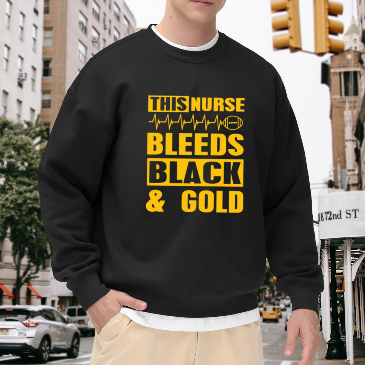This Nurse Bleeds Black & Gold Crewneck Sweatshirt - Football Nurse EKG Graphic, Game Day Pullover, Nurse Gift for Her