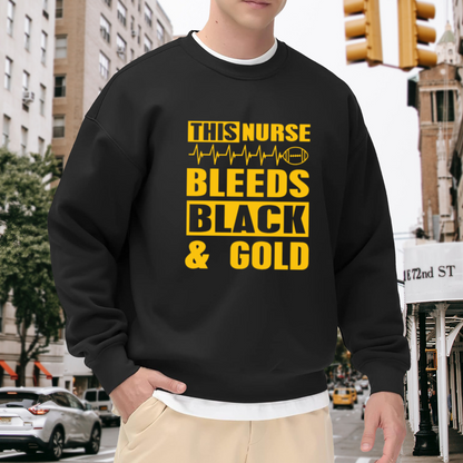 This Nurse Bleeds Black & Gold Crewneck Sweatshirt - Football Nurse EKG Graphic, Game Day Pullover, Nurse Gift for Her