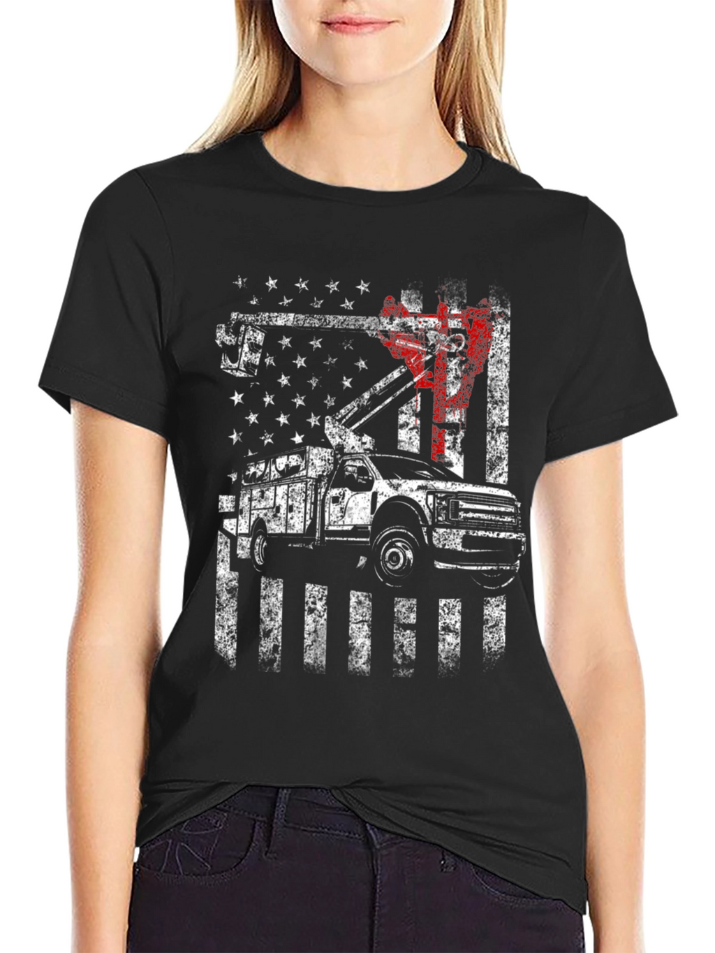 Lineman American Flag Truck Black T-Shirt