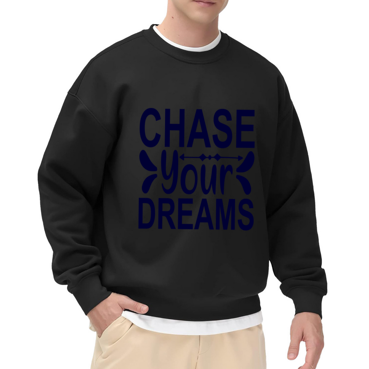 Chase Your Dreams Bold Typography Motivational Crewneck Sweatshirt, Inspirational Quote Graphic Pullover, Positive Mindset Gift Idea