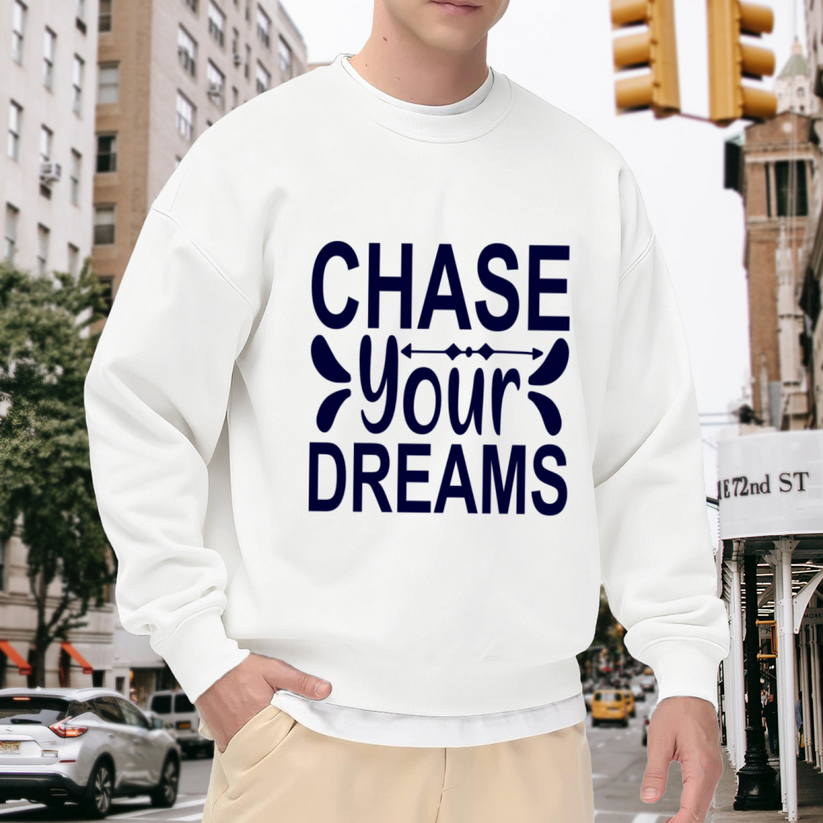 Chase Your Dreams Bold Typography Motivational Crewneck Sweatshirt, Inspirational Quote Graphic Pullover, Positive Mindset Gift Idea