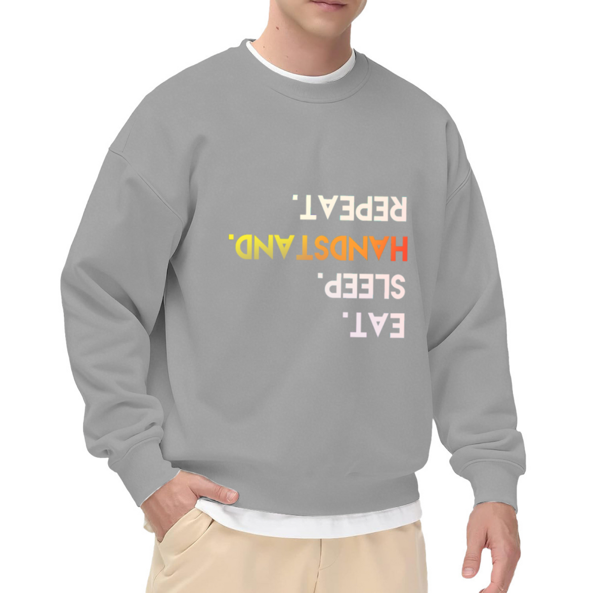 Eat Sleep Handstand Repeat Crewneck Sweatshirt | Funny Handstand Lover Pullover, Gradient Lettering Graphic Top, Fitness Gift