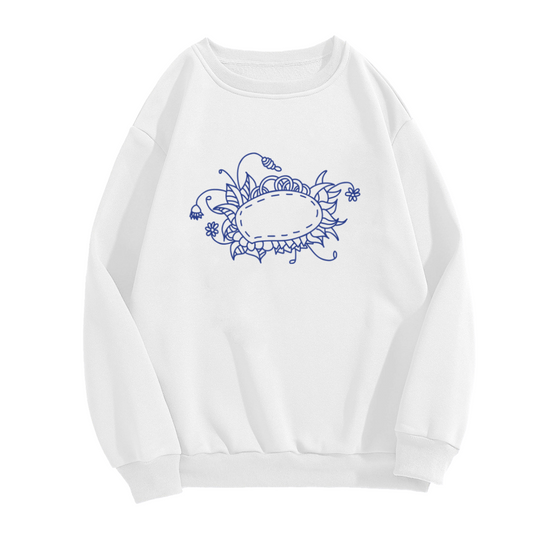 Floral Wreath Oval Frame Crewneck Sweatshirt - Elegant Botanical Line Art Pullover, Minimal Flower Graphic, Vintage Border Top