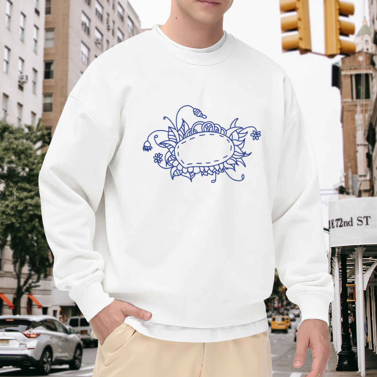 Floral Wreath Oval Frame Crewneck Sweatshirt - Elegant Botanical Line Art Pullover, Minimal Flower Graphic, Vintage Border Top