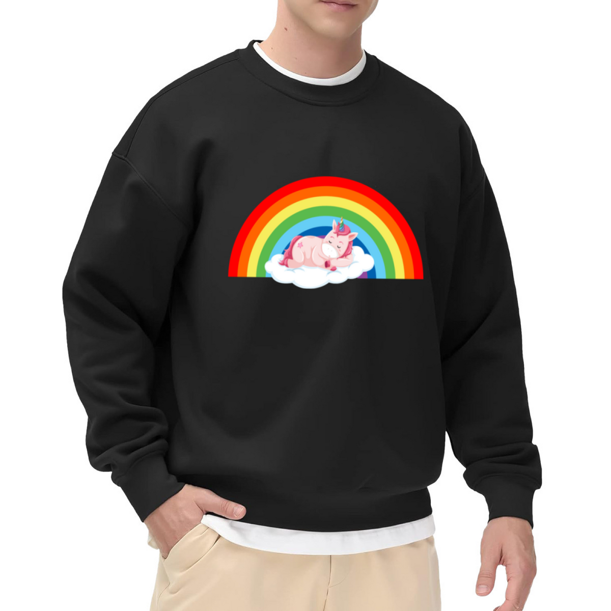 Rainbow Unicorn On Cloud Crewneck Sweatshirt - Cute Magical Fantasy Pullover, Kawaii Unicorn Gift, Kids Dream Top