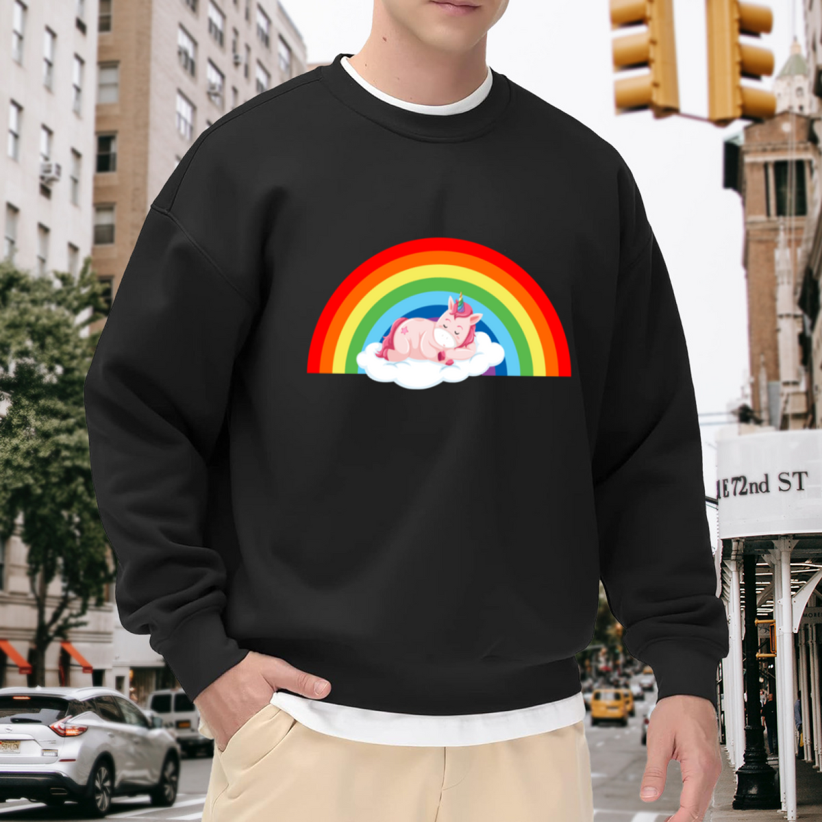 Rainbow Unicorn On Cloud Crewneck Sweatshirt - Cute Magical Fantasy Pullover, Kawaii Unicorn Gift, Kids Dream Top