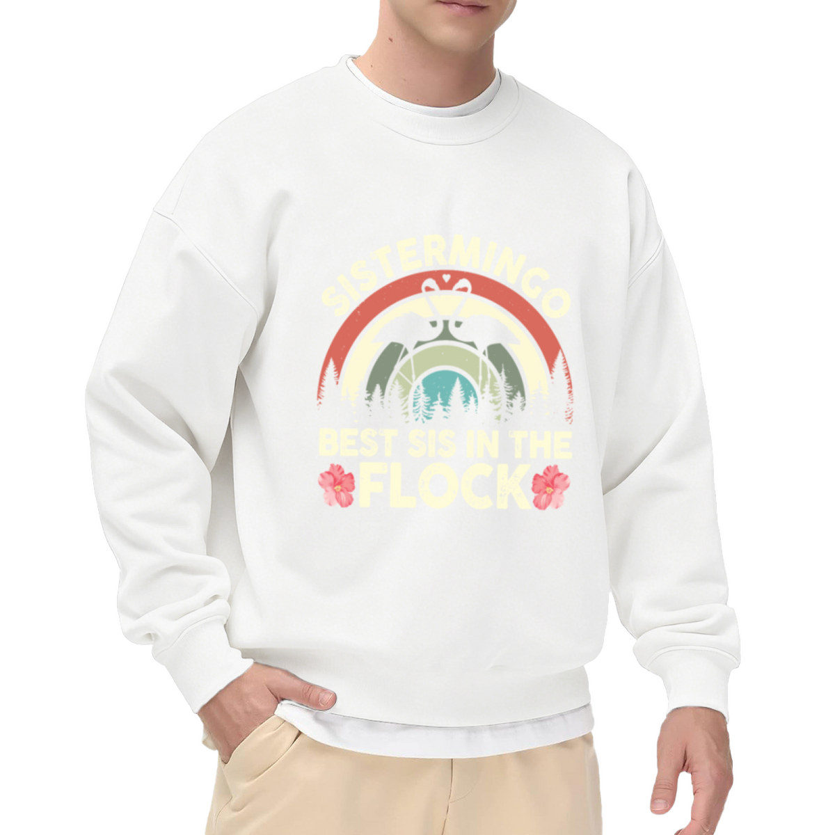 Sistermingo Best Sis In The Flock Flamingo Heart Crewneck Sweatshirt | Retro Sister Gift Pullover, Wildlife Design