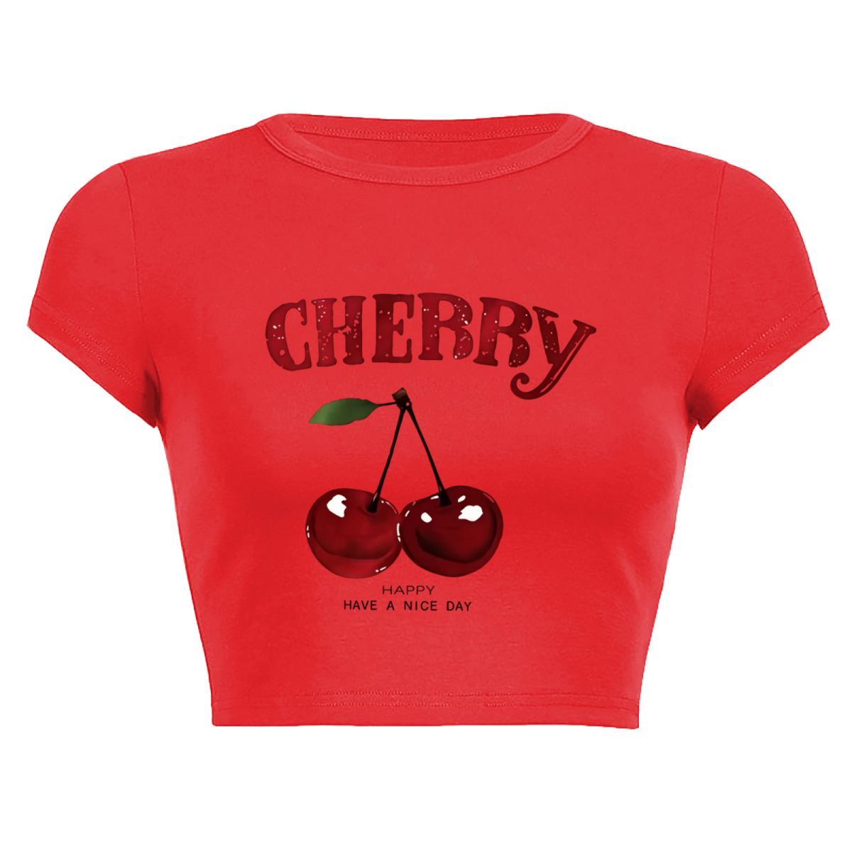 Juicy Cherry Glitter Red Crop Tee ¨C Retro Fruit Print Y2K Slim Fit Top