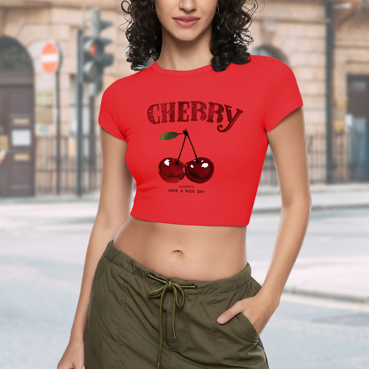 Juicy Cherry Glitter Red Crop Tee ¨C Retro Fruit Print Y2K Slim Fit Top
