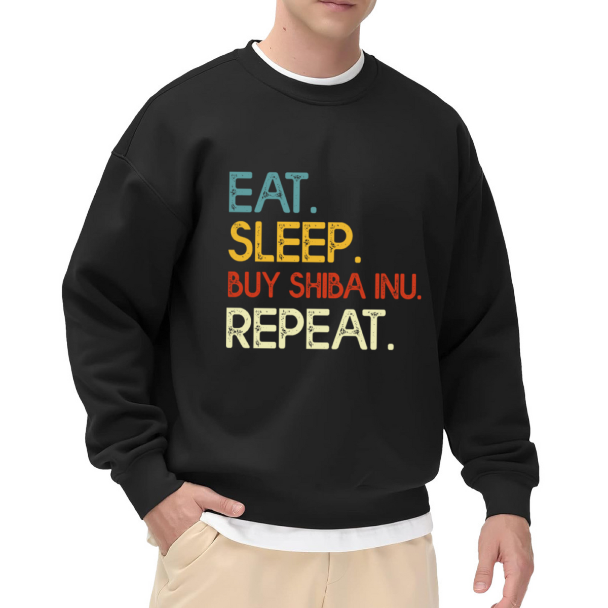 Eat Sleep Buy Shiba Inu Repeat Crewneck Sweatshirt | Funny Dog Quote Pullover, Distressed Lettering Graphic Top, Shiba Inu Lover Gift