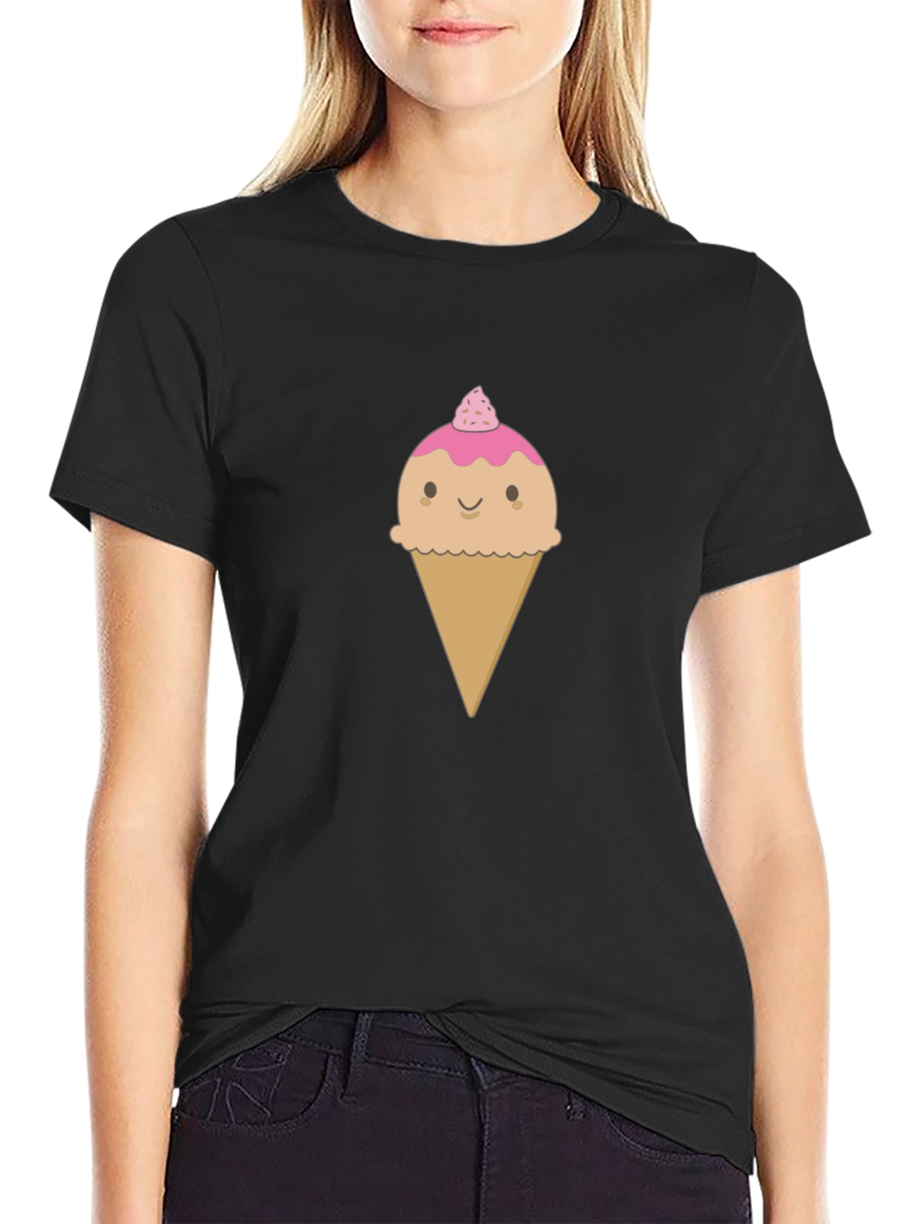 Cute Ice Cream Cone Graphic T-Shirt - Black