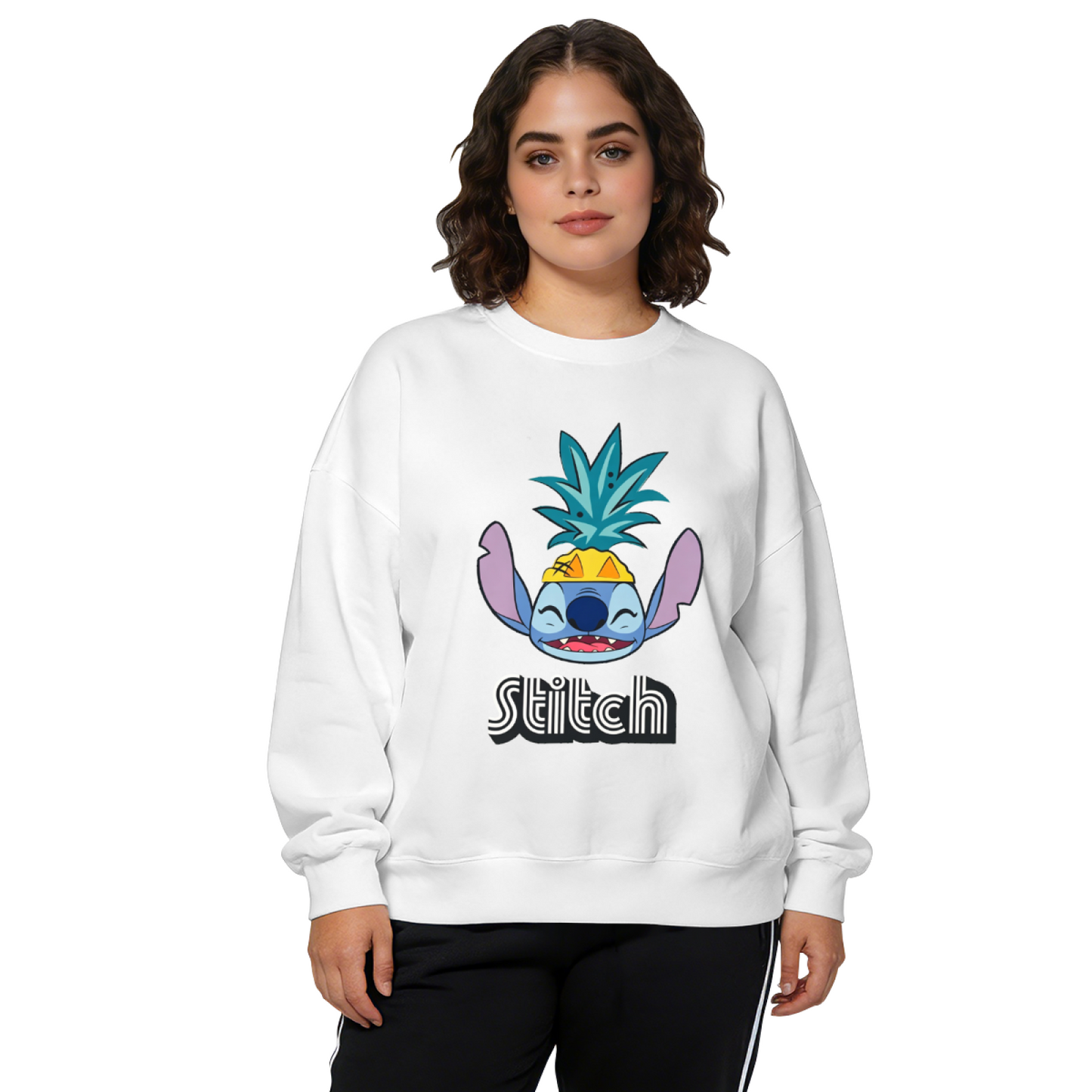 Fun Pineapple?Hat Stitch Cartoon Loose Crewneck Sweatshirt