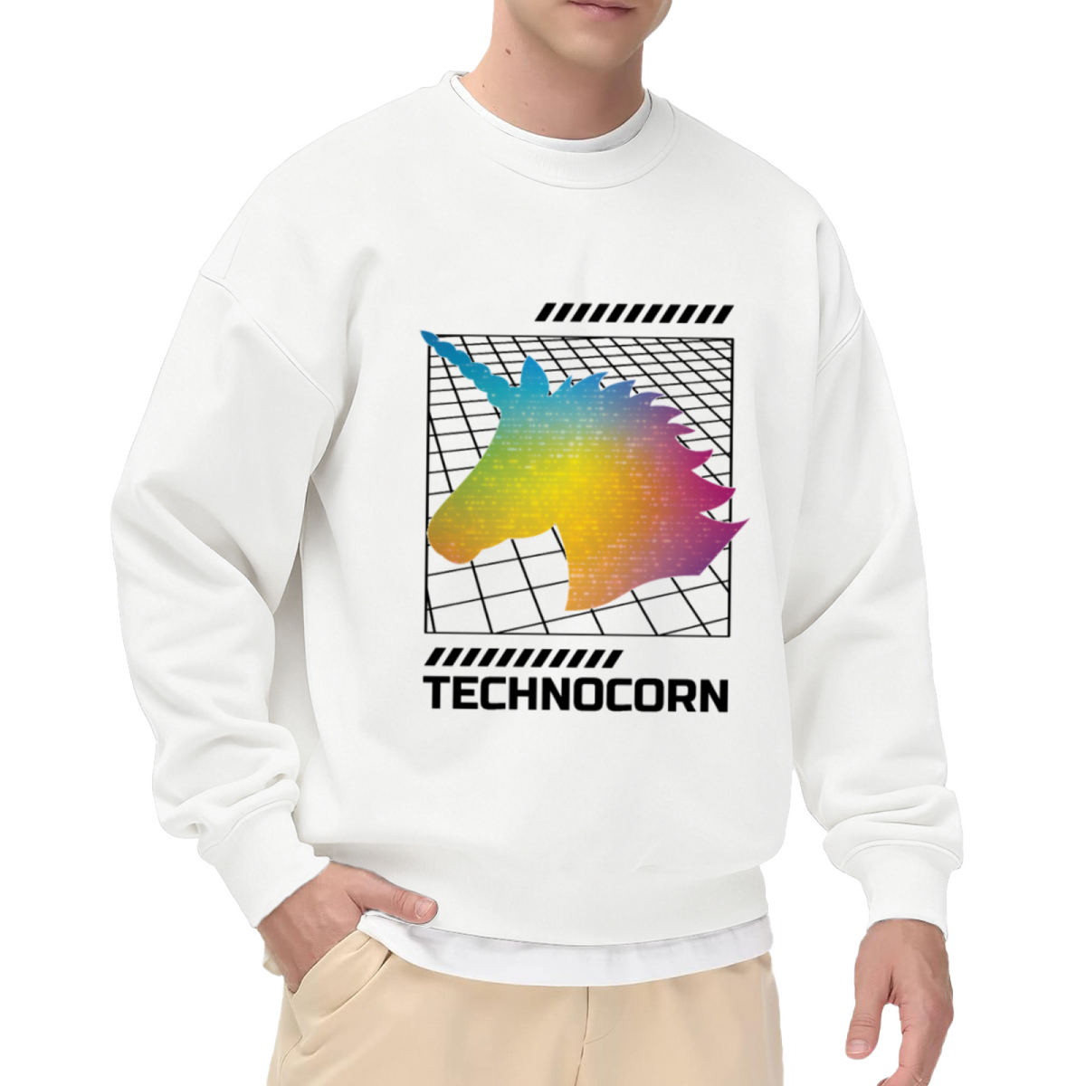 Technocorn Sweatshirt | Retro Pixel Unicorn Graphic Crewneck, Cyberpunk Rainbow Gradient Pullover Top, Y2K Digital Art Gift for Women Men