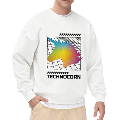 Technocorn Sweatshirt | Retro Pixel Unicorn Graphic Crewneck, Cyberpunk Rainbow Gradient Pullover Top, Y2K Digital Art Gift for Women Men
