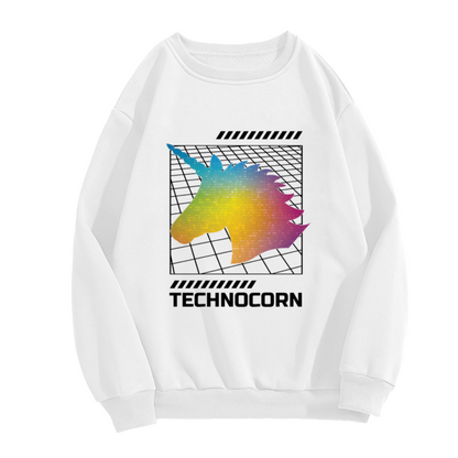 Technocorn Sweatshirt | Retro Pixel Unicorn Graphic Crewneck, Cyberpunk Rainbow Gradient Pullover Top, Y2K Digital Art Gift for Women Men