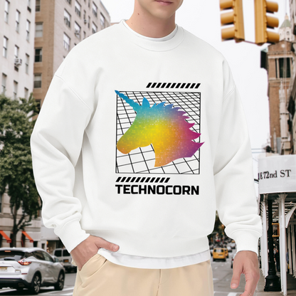 Technocorn Sweatshirt | Retro Pixel Unicorn Graphic Crewneck, Cyberpunk Rainbow Gradient Pullover Top, Y2K Digital Art Gift for Women Men