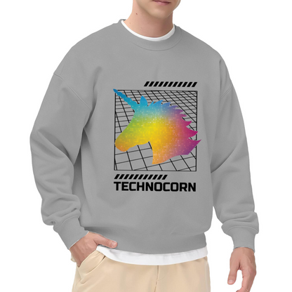 Technocorn Sweatshirt | Retro Pixel Unicorn Graphic Crewneck, Cyberpunk Rainbow Gradient Pullover Top, Y2K Digital Art Gift for Women Men