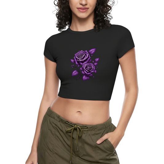 Dark Purple Gothic Rose Art Black Crop Top ¨C Grunge Floral Streetwear