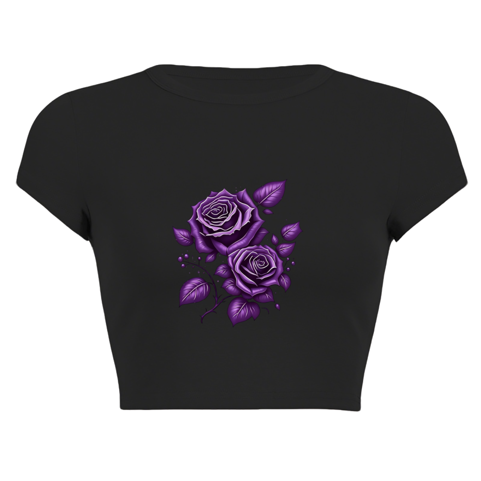Dark Purple Gothic Rose Art Black Crop Top ¨C Grunge Floral Streetwear