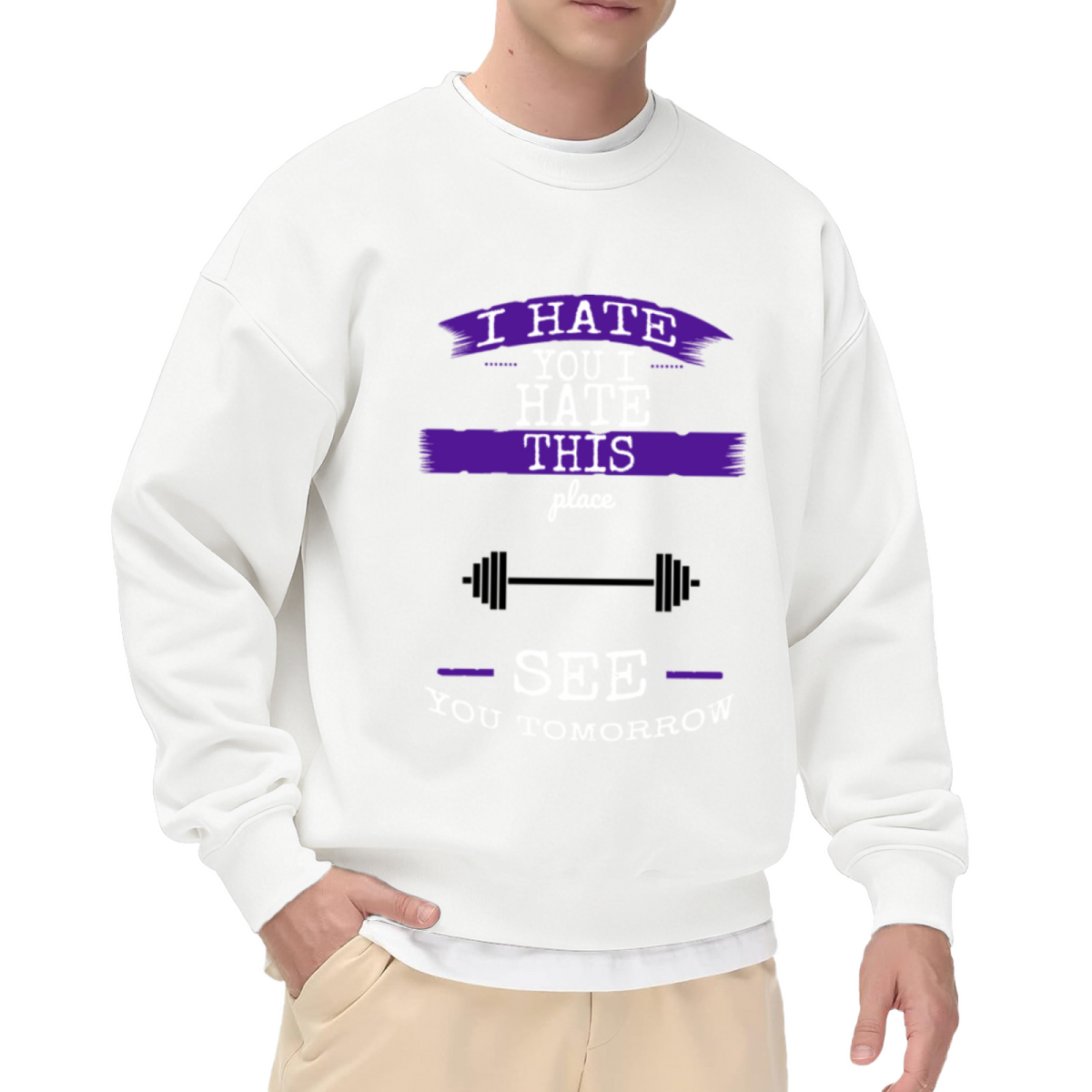 I Hate This Place See You Tomorrow Sweatshirt | Funny Gym Barbell Graphic Crewneck, Sarcastic Fitness Pullover Top, Gym Lover Gift