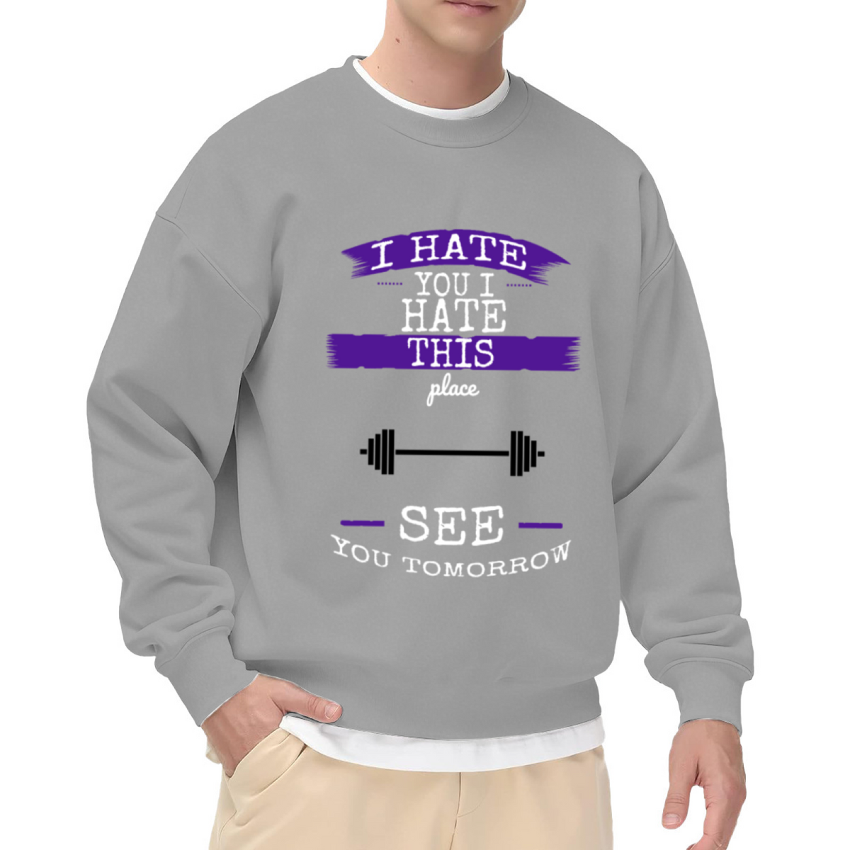 I Hate This Place See You Tomorrow Sweatshirt | Funny Gym Barbell Graphic Crewneck, Sarcastic Fitness Pullover Top, Gym Lover Gift