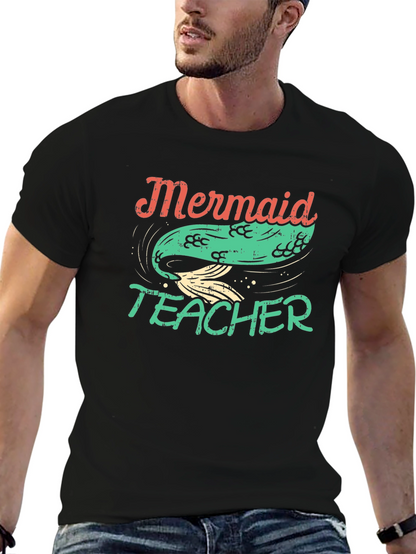 Mermaid Teacher Graphic Tee - Black Cotton T-Shirt