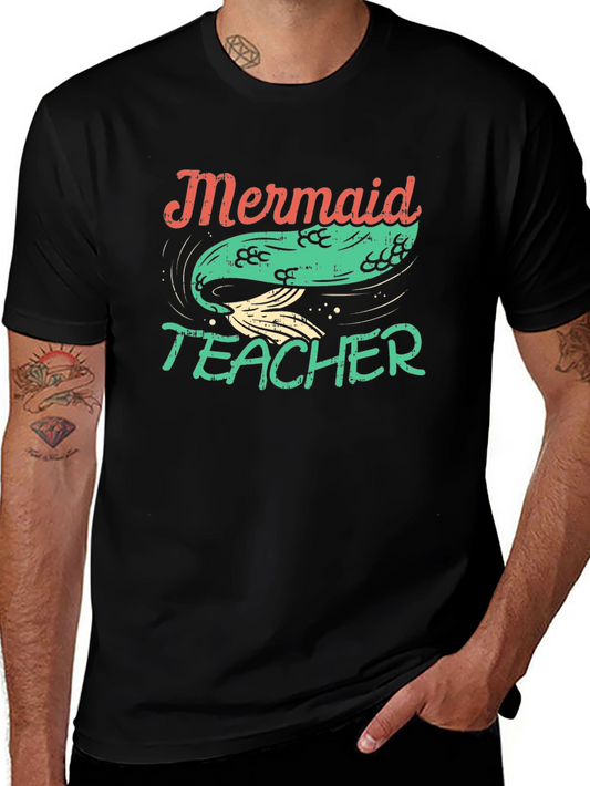 Mermaid Teacher Graphic Tee - Black Cotton T-Shirt
