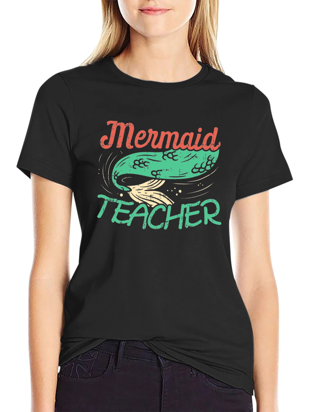 Mermaid Teacher Graphic Tee - Black Cotton T-Shirt
