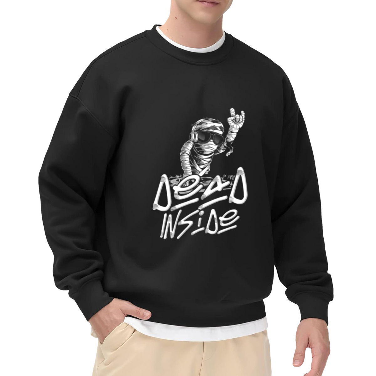 Dead Inside Mummy DJ Crewneck Sweatshirt | Funny Halloween Pullover, Graffiti Turntable Graphic Streetwear Top, Spooky Gift