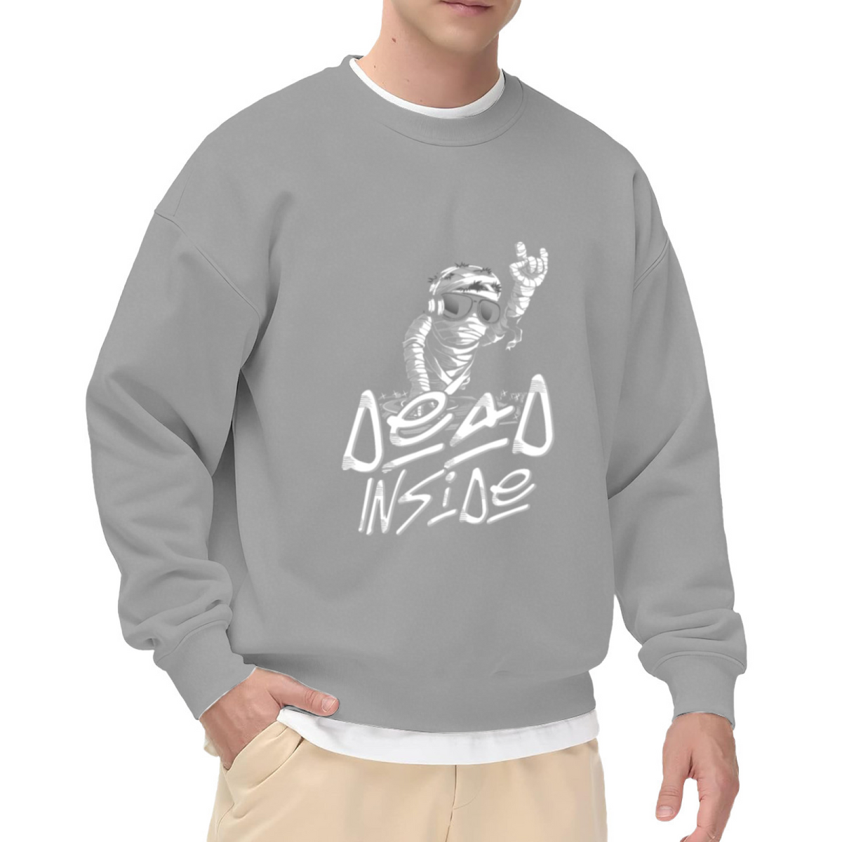 Dead Inside Mummy DJ Crewneck Sweatshirt | Funny Halloween Pullover, Graffiti Turntable Graphic Streetwear Top, Spooky Gift