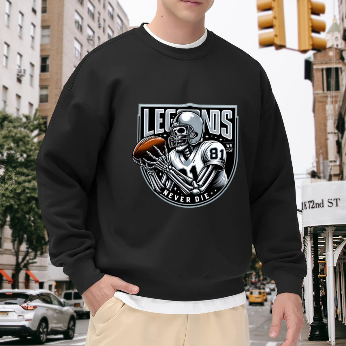 Legends Never Die Skeleton Football Crewneck Sweatshirt, Wide Receiver Hall Of Fame Pullover, Football Gift