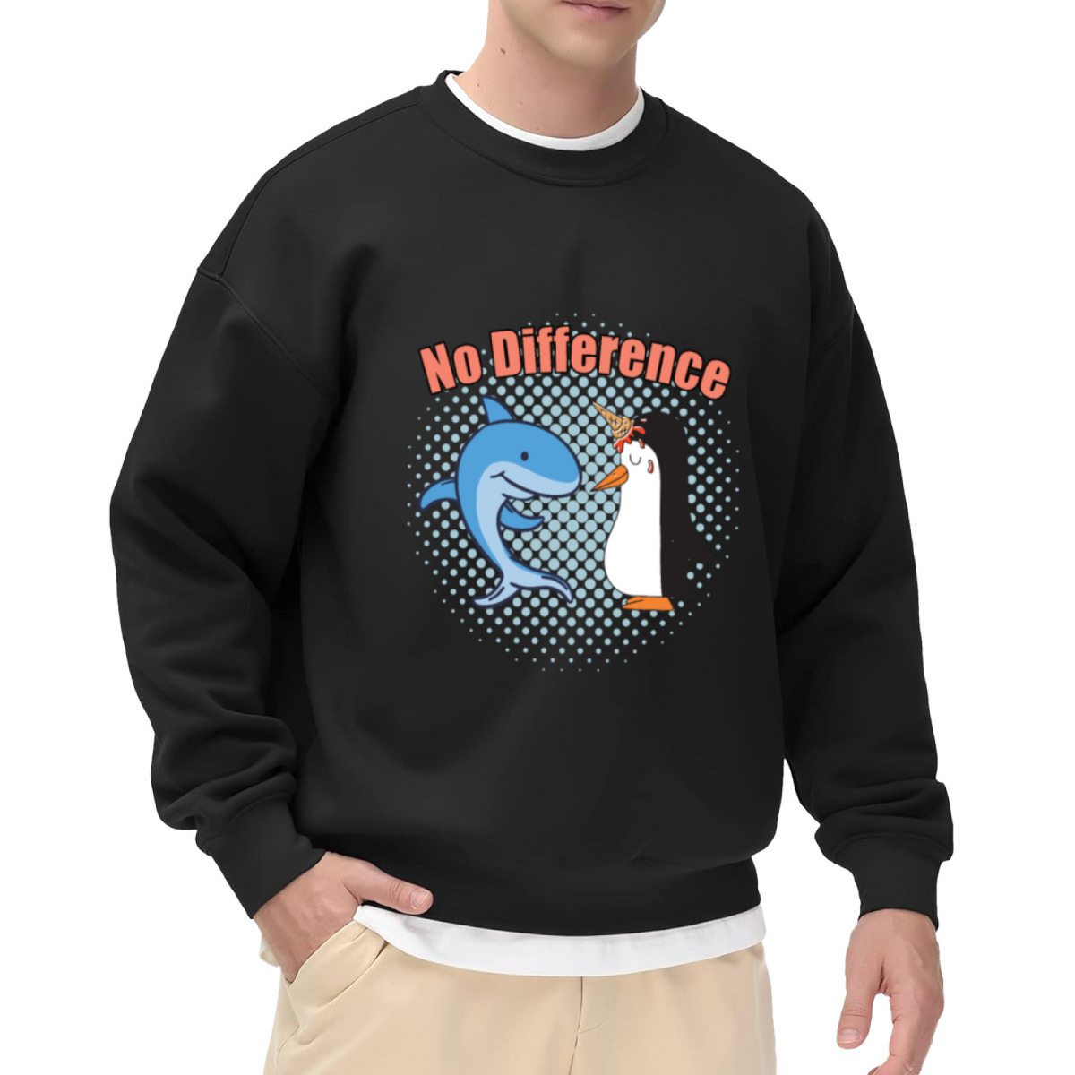 No Difference Funny Crewneck Sweatshirt with Cartoon Dolphin and Penguin Graphic