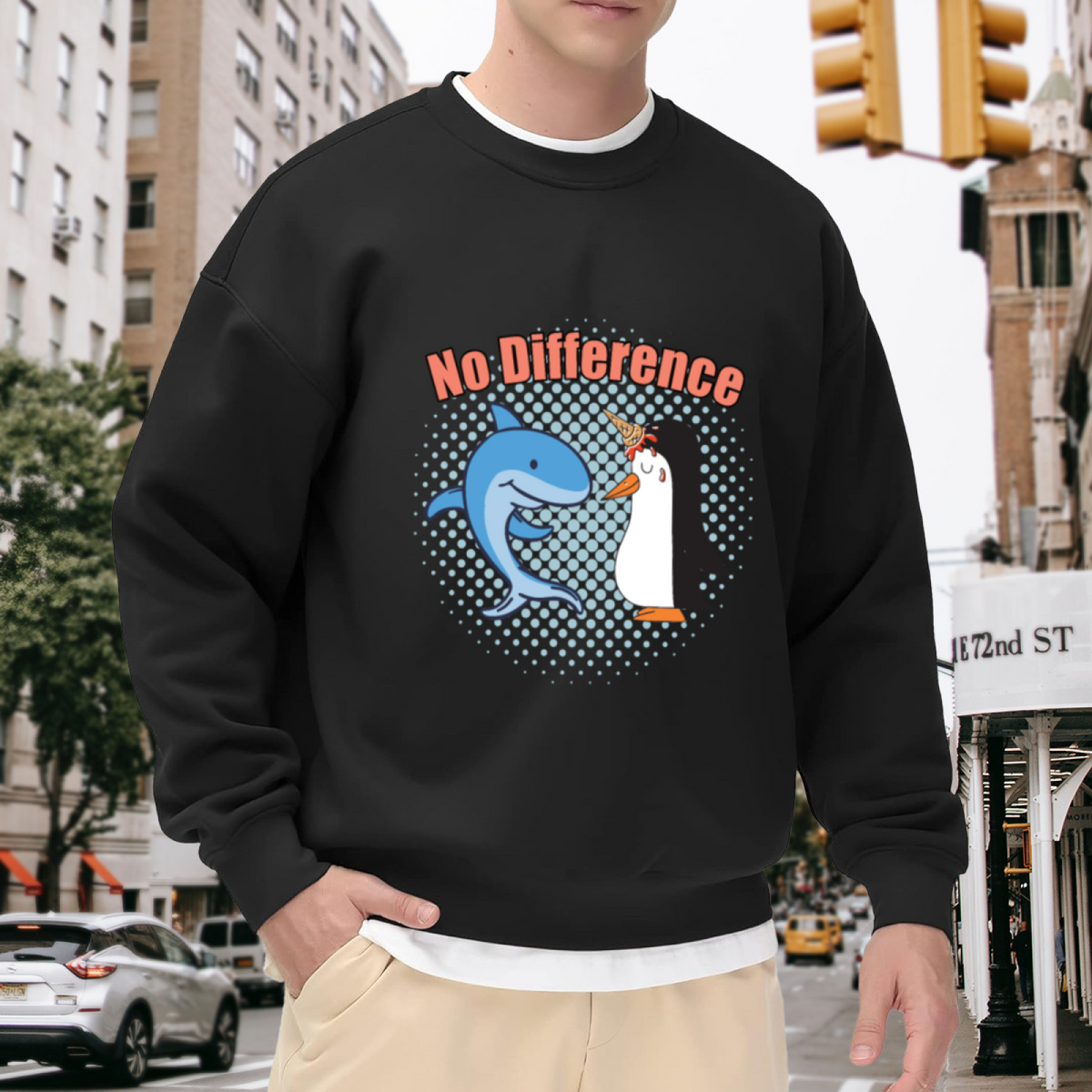 No Difference Funny Crewneck Sweatshirt with Cartoon Dolphin and Penguin Graphic