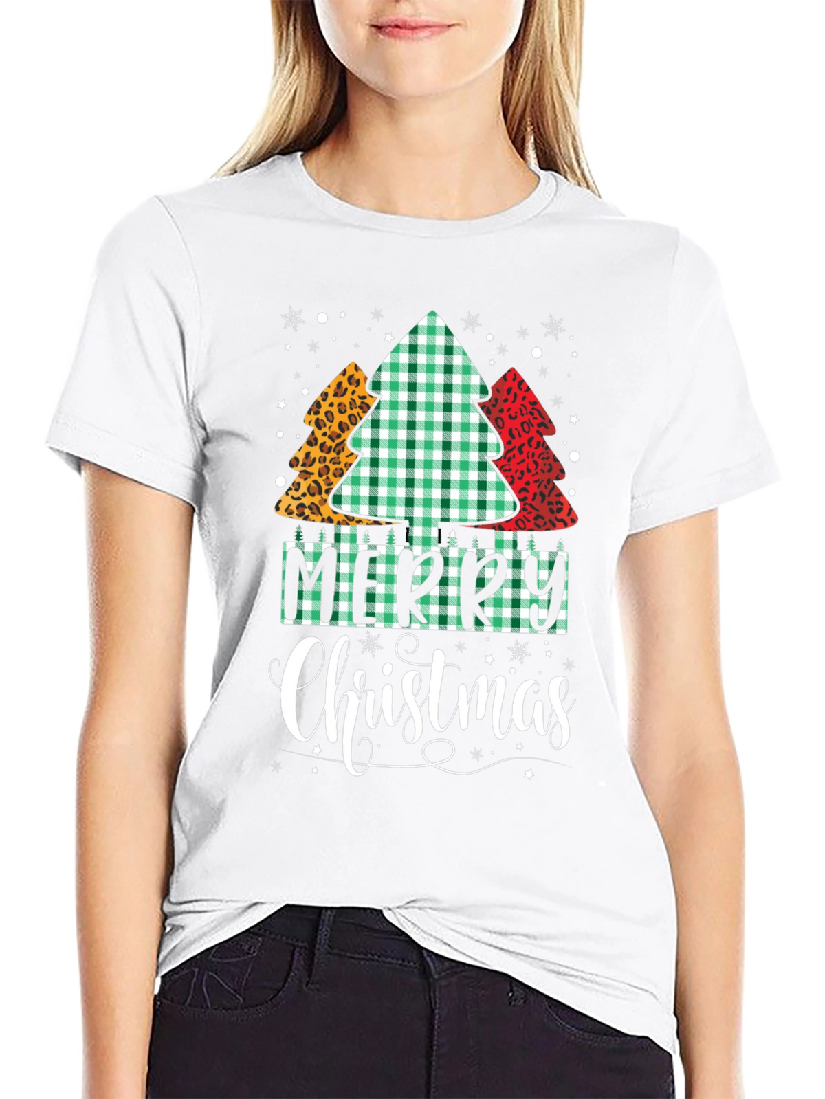 Merry Christmas Tree Pattern Black T-Shirt