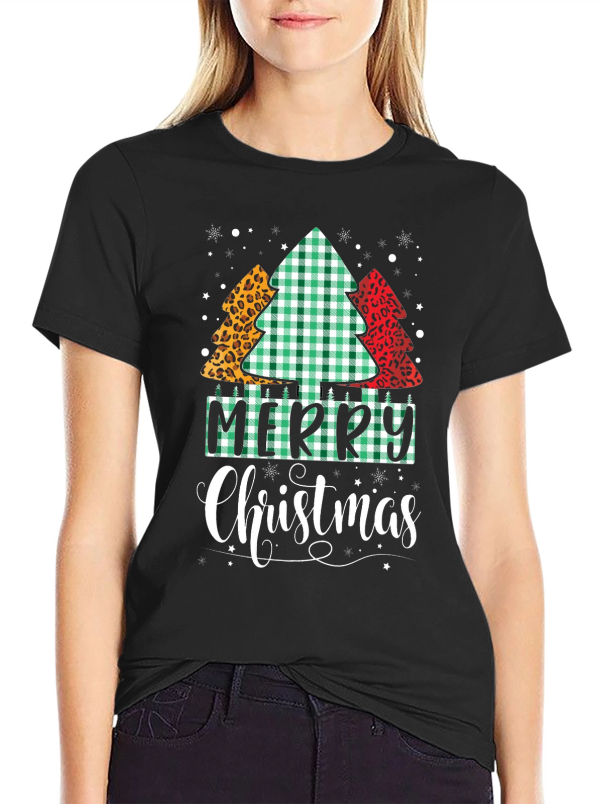 Merry Christmas Tree Pattern Black T-Shirt