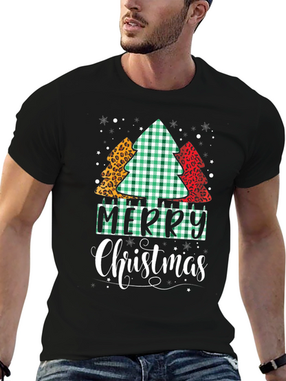 Merry Christmas Tree Pattern Black T-Shirt