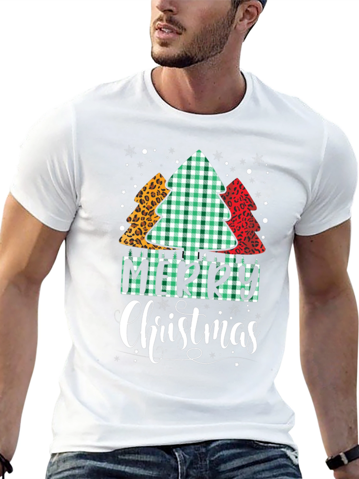 Merry Christmas Tree Pattern Black T-Shirt